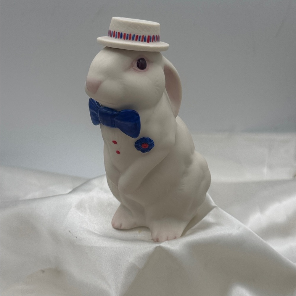 White Ceramic Rabbit Figurine with Blue Bow Tie